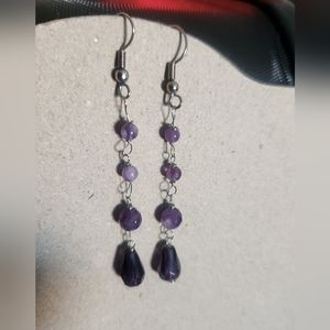 Silver Tone Hook 2.5" Purple Glass Bead Dangle Earrings Tony Alexander Jewelry
